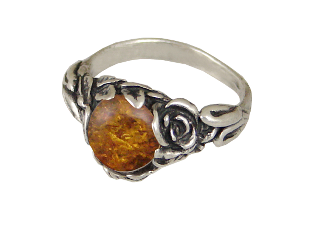Sterling Silver Rose Ring with Amber Size 9